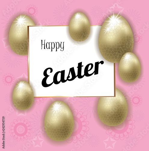 Happy Easter lettering background with realistic Golden glitter decorated eggs . Vector illustration postcard, advertising, promotion, poster, flyer, web banner, article