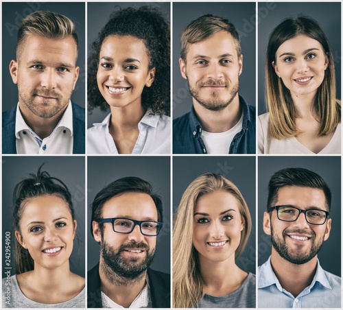 Collage of portraits ethnically diverse business people.