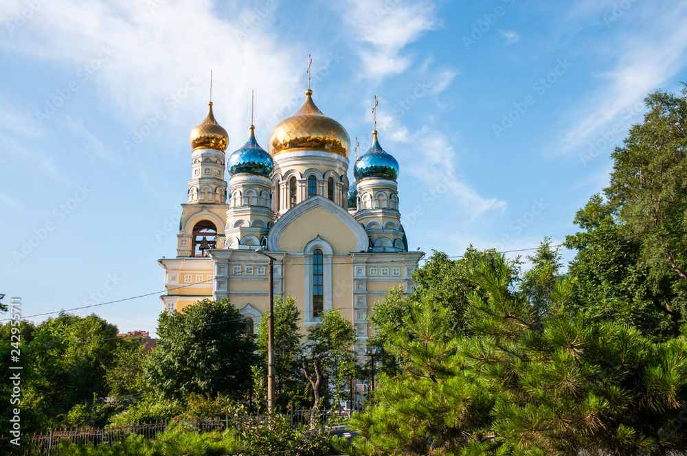 Russia, Vladivostok, July 2018: Cathedral of Intercession of  Holy Virgin