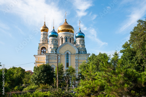 Russia, Vladivostok, July 2018: Cathedral of Intercession of  Holy Virgin