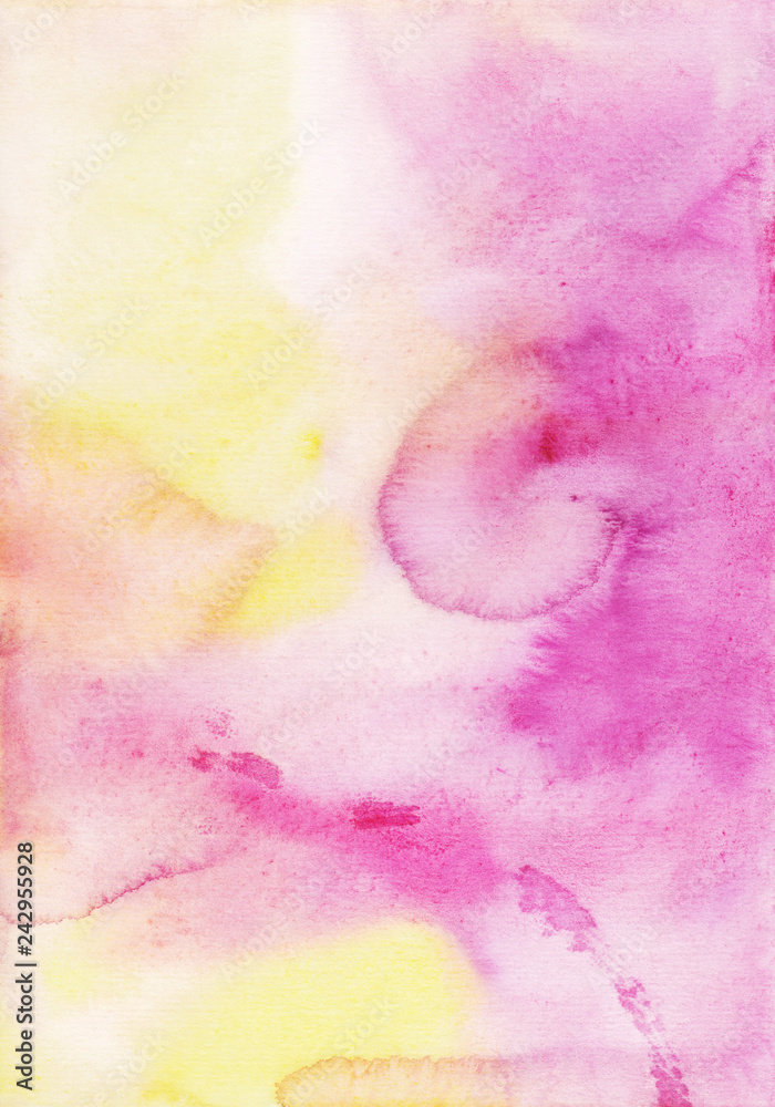 Watercolor bright pink, yellow and white background texture. Aquarelle abstract beautiful backdrop. Ink stains on textured paper. Watercolour trendy fantasy template for cards, invitations, blog. 