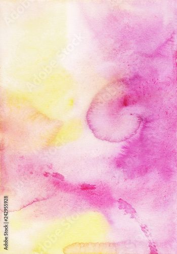 Watercolor bright pink  yellow and white background texture. Aquarelle abstract beautiful backdrop. Ink stains on textured paper. Watercolour trendy fantasy template for cards  invitations  blog. 
