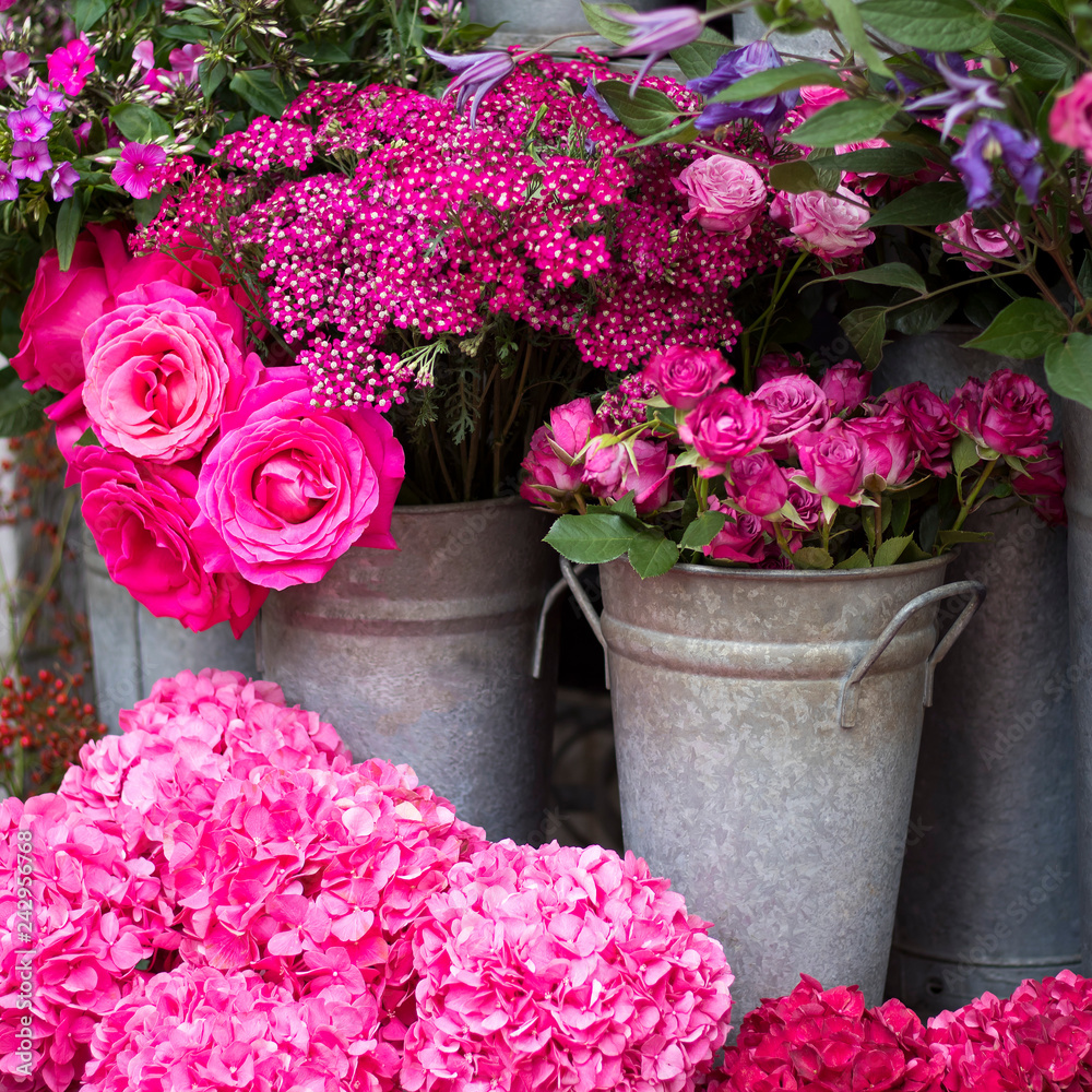 colorful variety of flowers sold in the market in London.