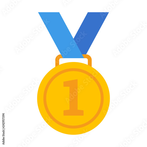 First /1st place gold medal with number 1 and blue ribbon flat vector icon for sports apps and websites