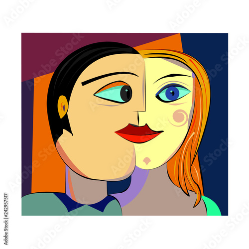 Colorful abstract background, cubism art style,blond woman, black hair man