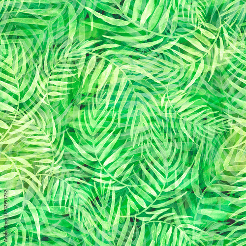 Seamless watercolor background from green tropical leaves  palm leaf  floral pattern. Bright Rapport for Paper  Textile  Wallpaper  design. Tropical leaves watercolor. Exotic tropical palm tree