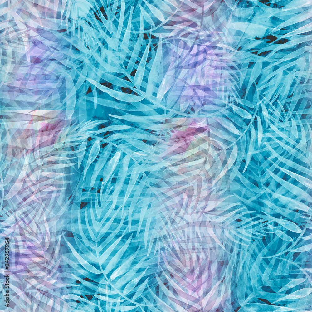 Obraz premium Seamless watercolor background from purple, blue tropical leaves, palm leaf, fern, floral pattern. Bright Rapport for Paper, Textile, Wallpaper, design. Tropical leaves watercolor.Fashionable, stylish