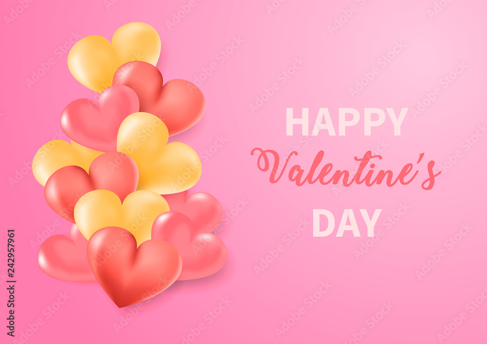Background with realistic 3D hearts. Cute background with hearts for Valentine's day. Concept for greeting card or banner.