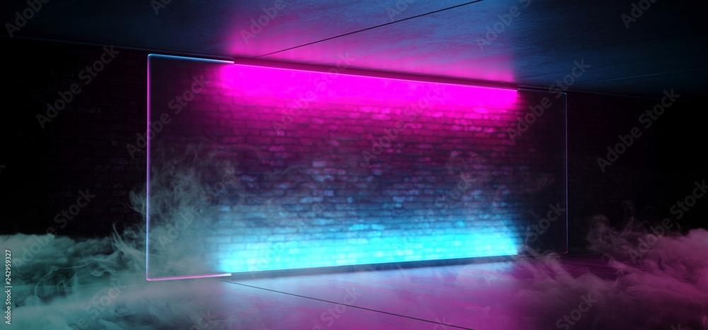 Neon Glowing Smoke Fog Sci Fi Futuristic Retro Club Stage With Empty Lighted Purple Blue Frosted Glass Frame On Grunge Brick Wall Concrete Floor Ceiling Reflections 3D Rendering