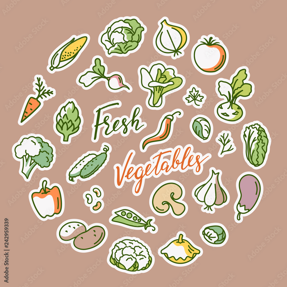 Vector hand has drawn vegetable background with place for text illustration. Sketch doodle set. Various hand-drawn food arranged as the circle on a background. Vector hand has drawn vegetable background with place for text illustration. Sketch doodle set. Various hand-drawn food arranged as the circle on a background.