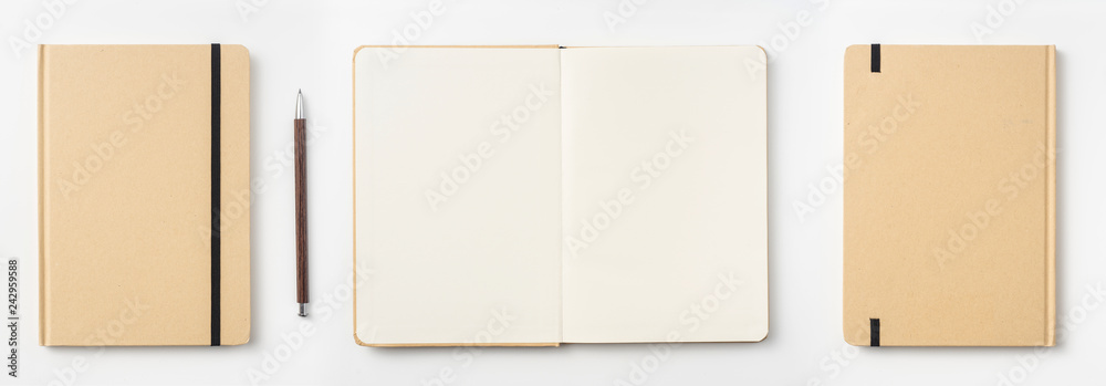 Top view of kraft paper notebook, page, pencil - obrazy, fototapety, plakaty 