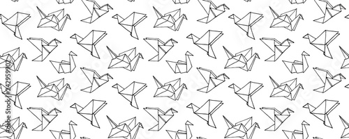 Seamless Pattern with Hand Drawn Origami birds - crane, swan, colibri and dove. Cartoon kids Ornament. Cute doodle vector illustration.
