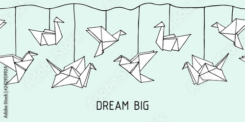 Seamless garland with Hand Drawn Origami birds - crane, swan, colibri and dove. Cartoon kids Ornament. Cute doodle vector illustration.