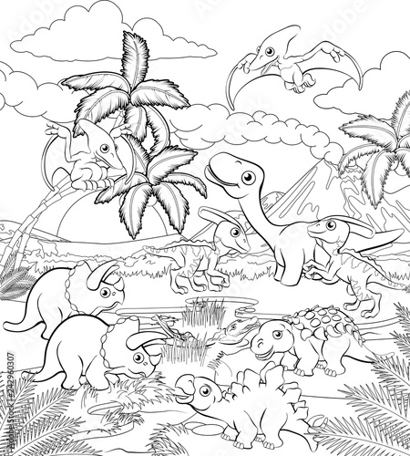 A dinosaur cartoon cute animal background prehistoric landscape coloring outline scene.