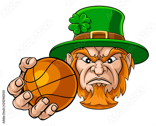 A leprechaun basketball sports mascot holding a ball 