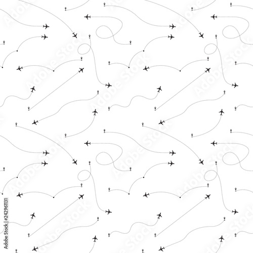 Airplane route seamless pattern. Vector.