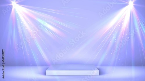 Light lilac stage podium with holographic spot lighting and shining, empty scene for award Ceremony or advertising on the light background. Looped motion graphic.