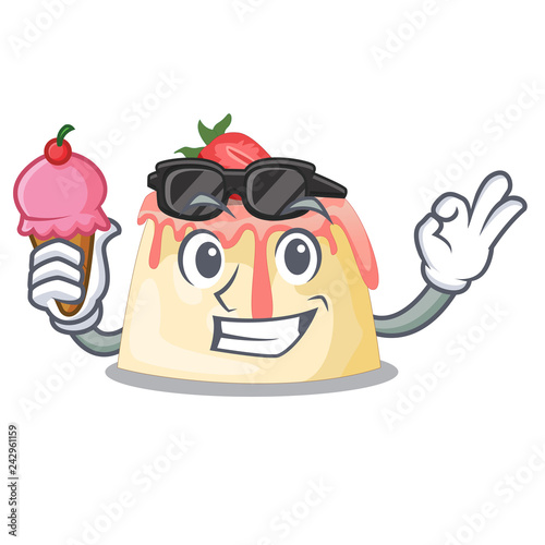 With ice cream Strawberry pudding on wooden cartoon table