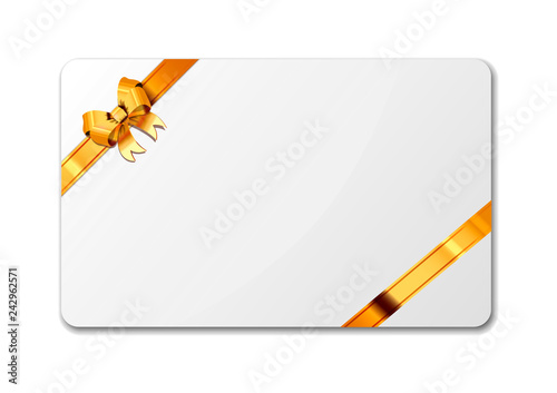 Bright white blank gift card template with golden luxury tape on white