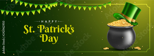 Header or banner design with illustration of Irish coins pot and leprechaun hat on glossy green background for Happy St. Patrick's Day celebration concept.