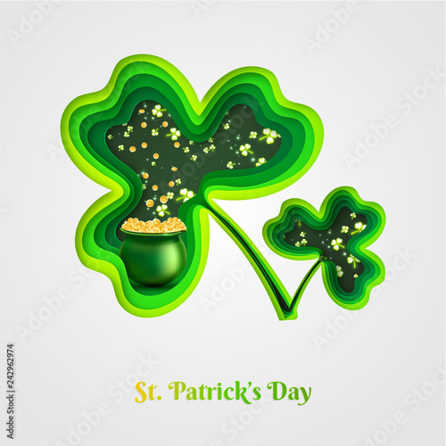 Green paper layer cut cloves leaves with illustration of irish traditional coin pot  for Happy St. Patrick's Day celebration.