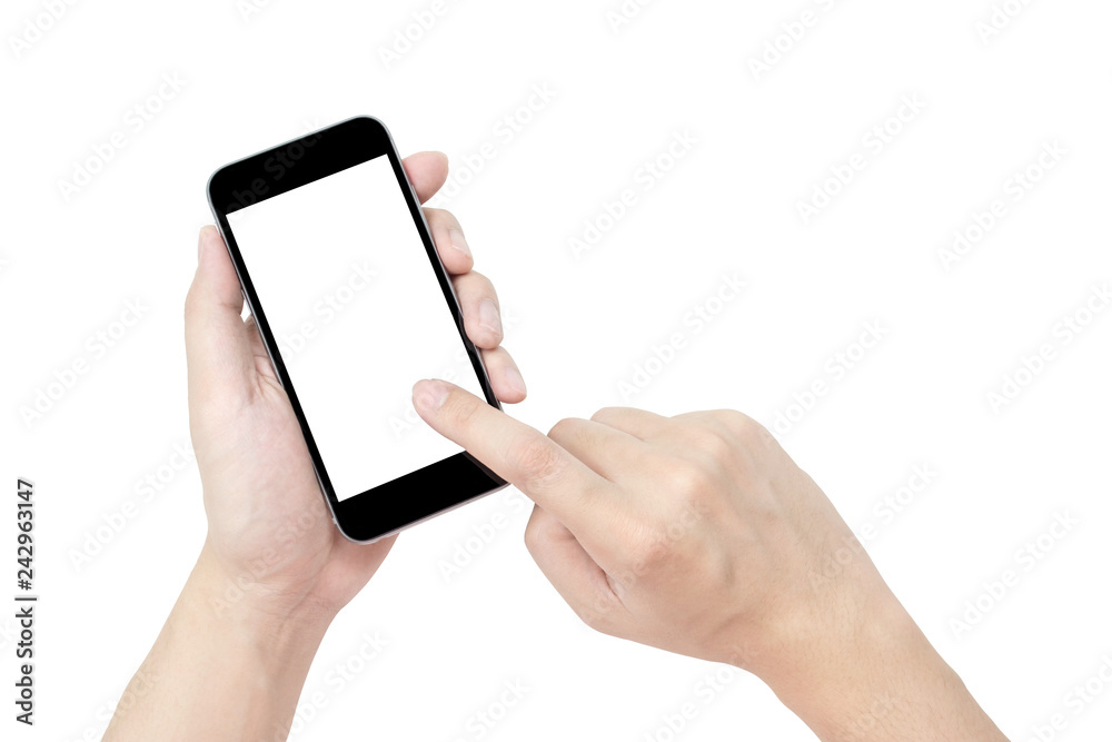 Man is using a black smartphone with blank screen isolated on white background. Clipping path embedded.