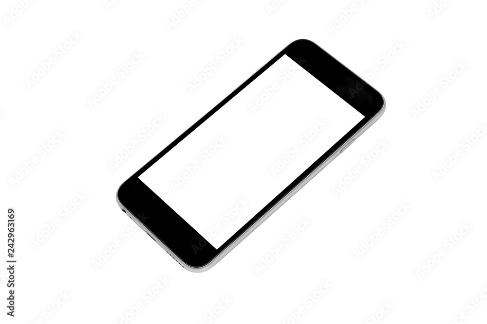Black smartphone with white blank screen is isolated on white background. Clipping path embedded. Black smartphone with white blank screen is isolated on white background. Clipping path embedded.