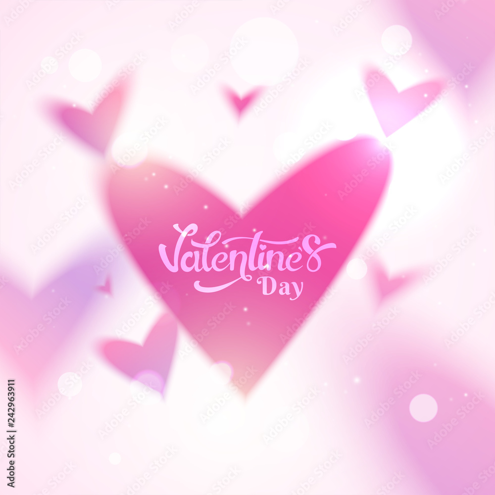 Stylish lettering of valentine's day on heart shapes decorated blurred background.