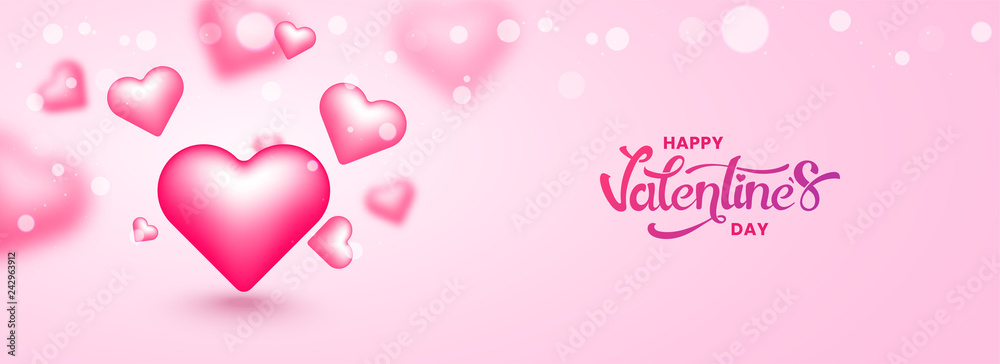 Happy Valentine's Day header or banner design with illustration of glossy pink heart shapes on blurred background.
