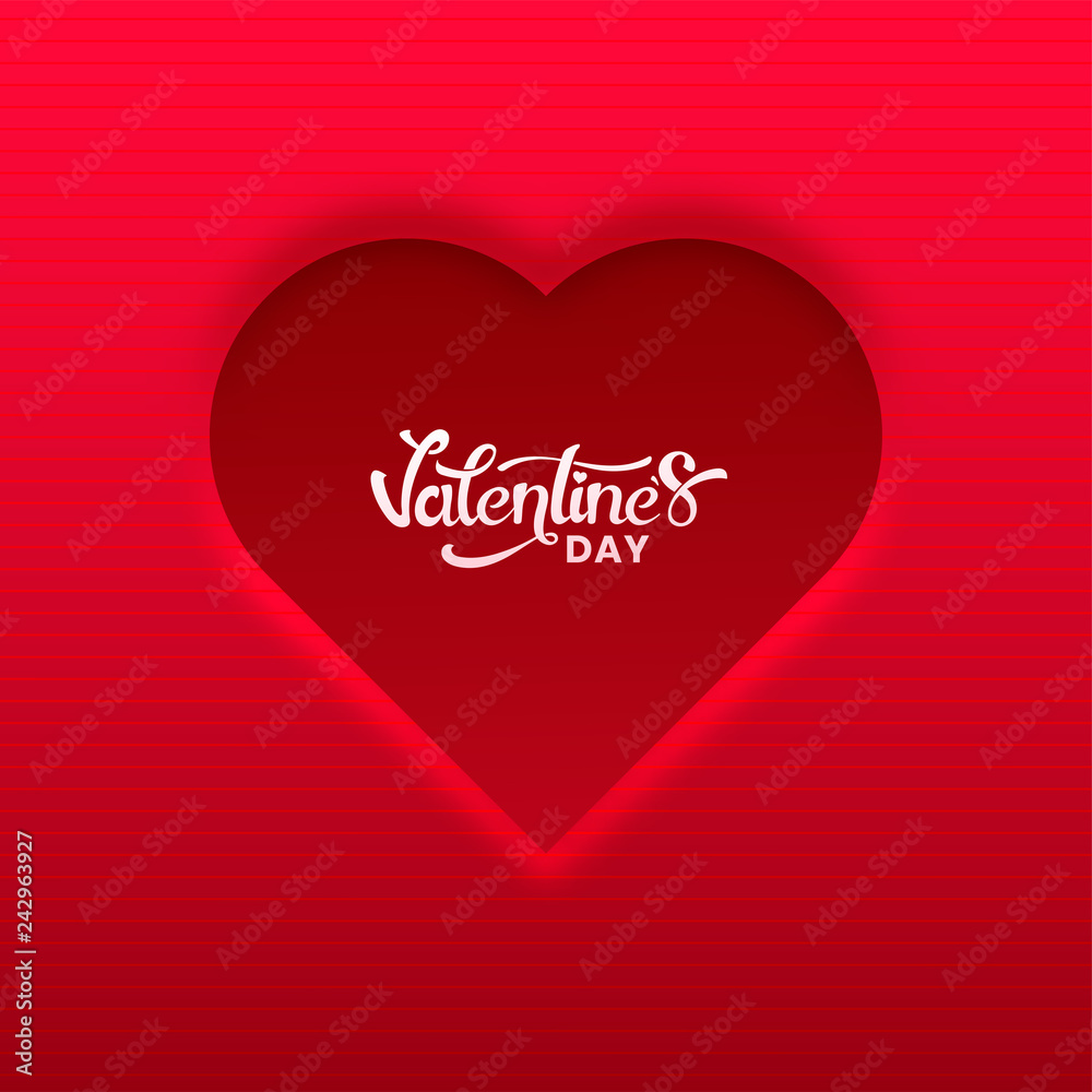 Realistic heart shape with stylish lettering of valentine's day on shiny red stripe background.