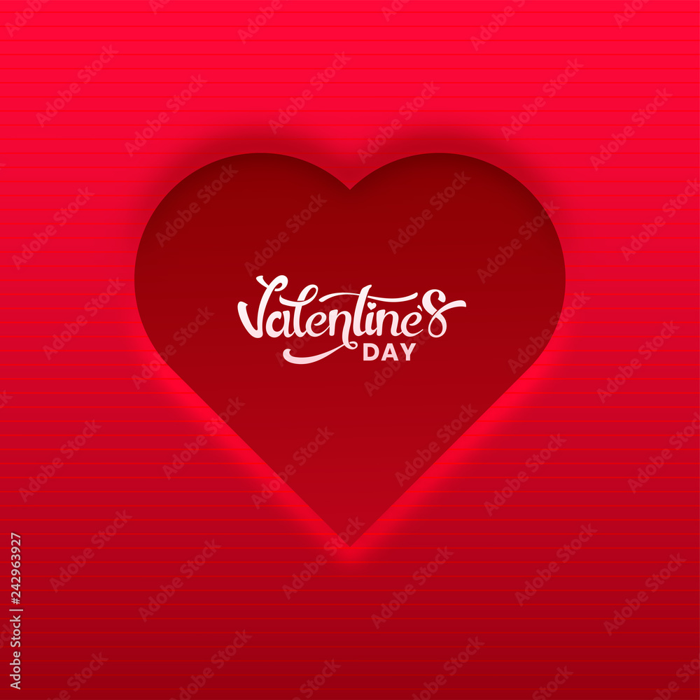 Realistic heart shape with stylish lettering of valentine's day on shiny red stripe background. Realistic heart shape with stylish lettering of valentine's day on shiny red stripe background.