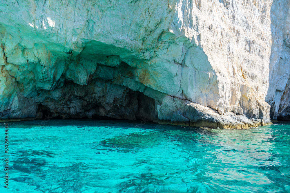 Greece, Zakynthos, Boat trip to famous blue caves along white cliffs