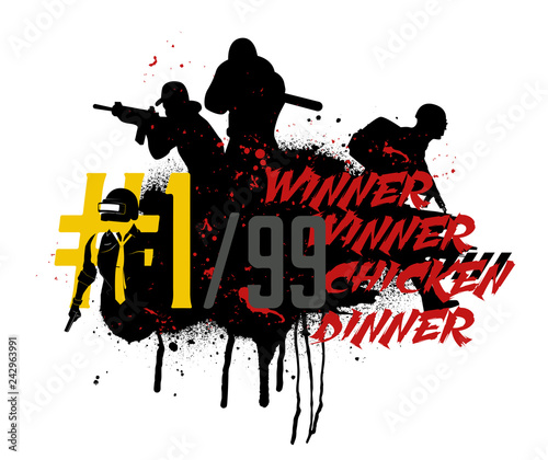 Playerunknown's Battlegrounds ( PUBG ) Poster and phrase from the game - winner winner chicken dinner. Vector pubg illustration in grunge style. Game squad concept