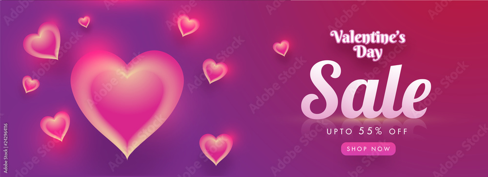 Creative glowing heart shapes decorated sale banner design with 55% discount offer for Valentine's Day.