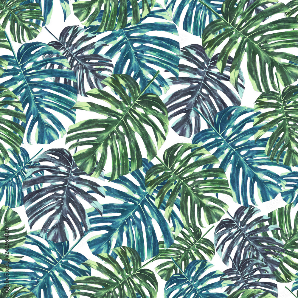 Seamless tropical monstera leaves and flowers pattern, jungle print design. Pattern on white background. Fashion trended tropical background.