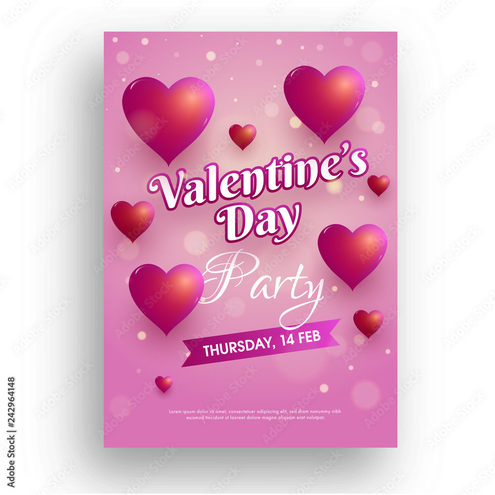 Valentine's Day party template or flyer design decorated with glossy heart shapes.
