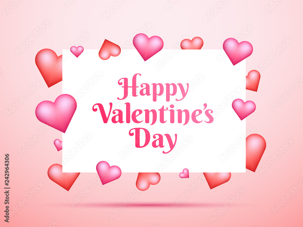 Happy Valentine's Day lettering with glossy heart shapes on pink background. Can be used as greeting card design.