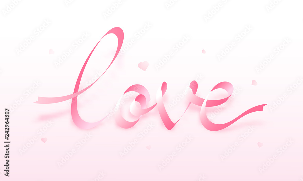 Love calligraphy made by pink ribbon on glossy background for valentine's day poster or greeting card design.
