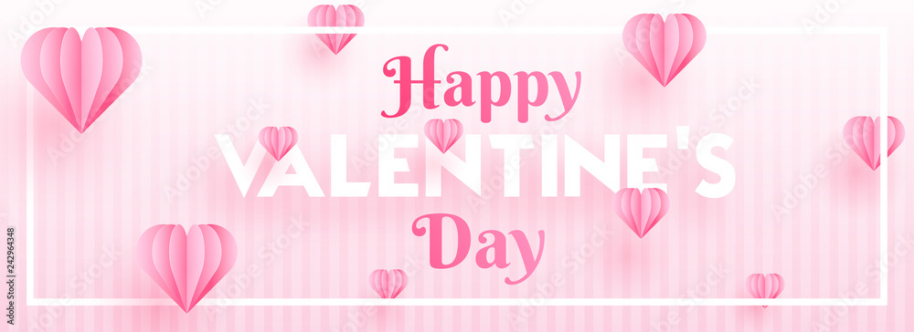 Typography of happy valentine's day with paper origami heart shapes on pink stripe background. Header or banner design.