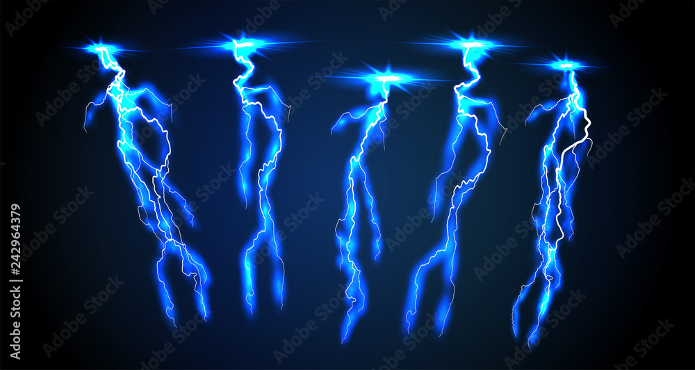 Electricity lightning thunderbolt vector realistic isolated thunder light on transparent background