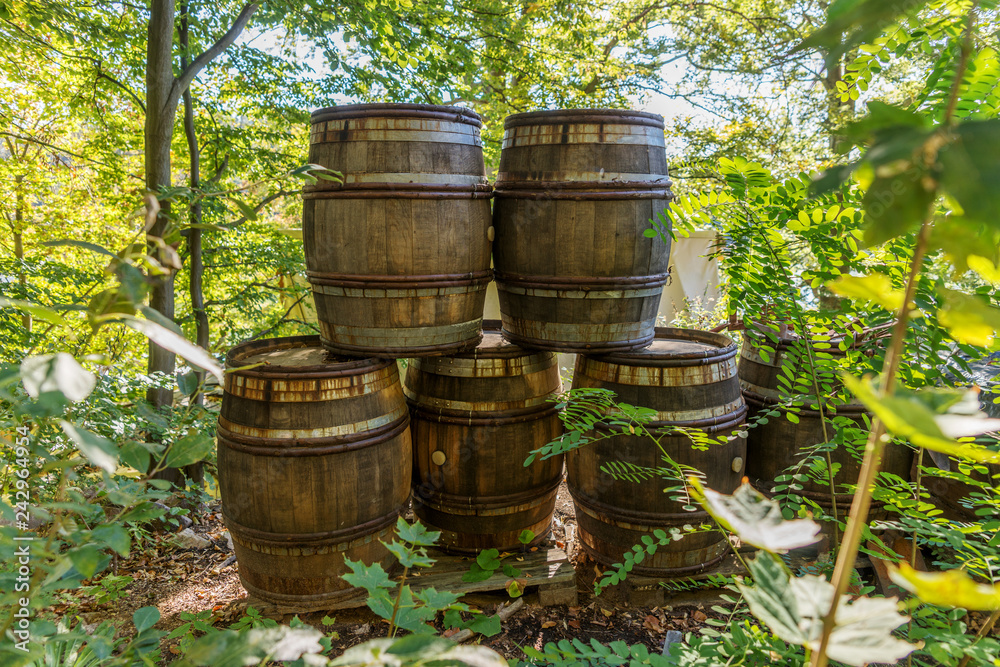 Old wooden barrels with iron rims in the forest Old wooden barrels with iron rims in the forest
