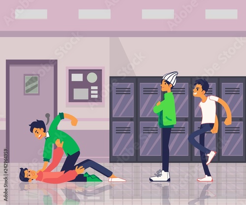 Vector conflict and violence in school with young man with angry facial expression kicking another one in glasses while hes down, another teens watching on background of lokers, classes doors