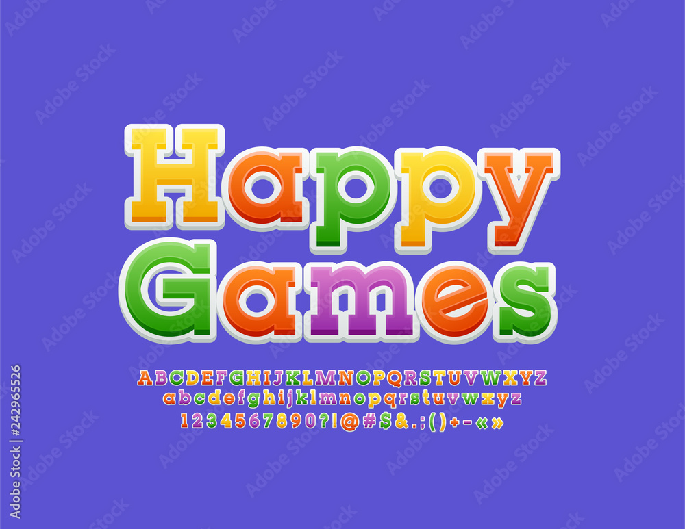 Vector bright Logo Happy Games. Funny colorful Font. Decorative Alphabet Letters, Numbers and Symbols for Children.