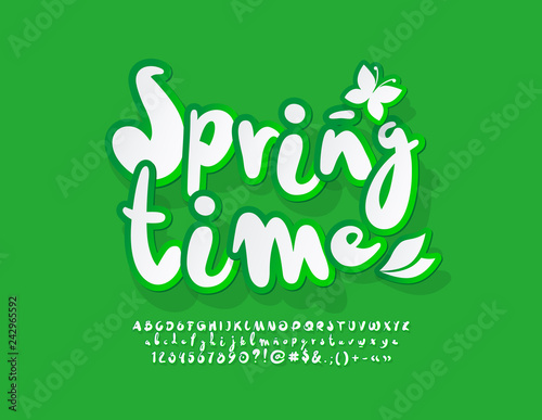 Vector bright Emblem with text Spring Time. Handwritten playful Alphabet Letters, Numbers and Symbols. Green and White funny Font. 