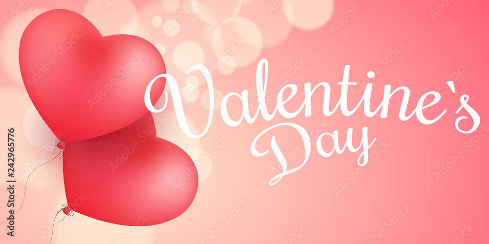 Valentine's Day cover. Flying balloons from the heart with calligraphy. Abstract lights bokeh on a pink background. Romantic composition. Festive background for your advertising. Vector illustration Valentine's Day cover. Flying balloons from the heart with calligraphy. Abstract lights bokeh on a pink background. Romantic composition. Festive background for your advertising. Vector illustration