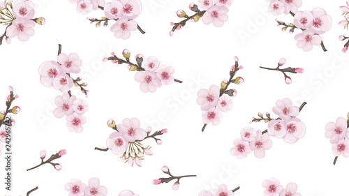 Handmade Seamless pattern in oriental style. Flying sakura flowers. Magenta on white fond. The idea of fabric, invitations, packaging, cards.