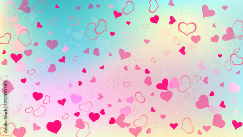 Red hearts of confetti are flying. Happy background. The idea of wallpaper design, textiles, packaging, printing, holiday invitation for Valentine's Day. Red on Gradient fond Vector.