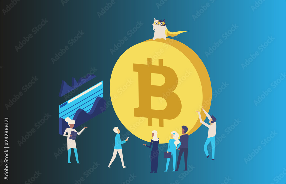 Cryptocurrency and blockchain isometric composition with business manager, analyst at work. Digital money market, investment, finance and trading. Vector isometric illustration.