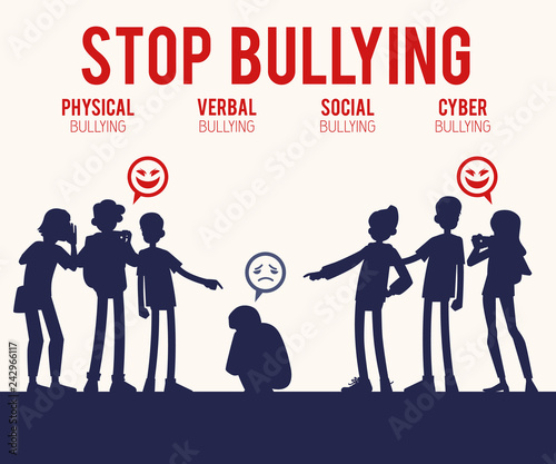 Vector concept of bullying and teen harassment. Lonely young man victim silhouette sitting holding knees with sad face with male, female student viciously laughing pointing to him, making photo. photo