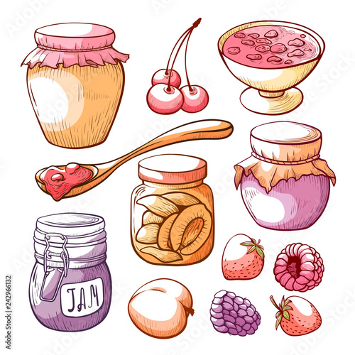 Fruit and berry jam hand drawn set